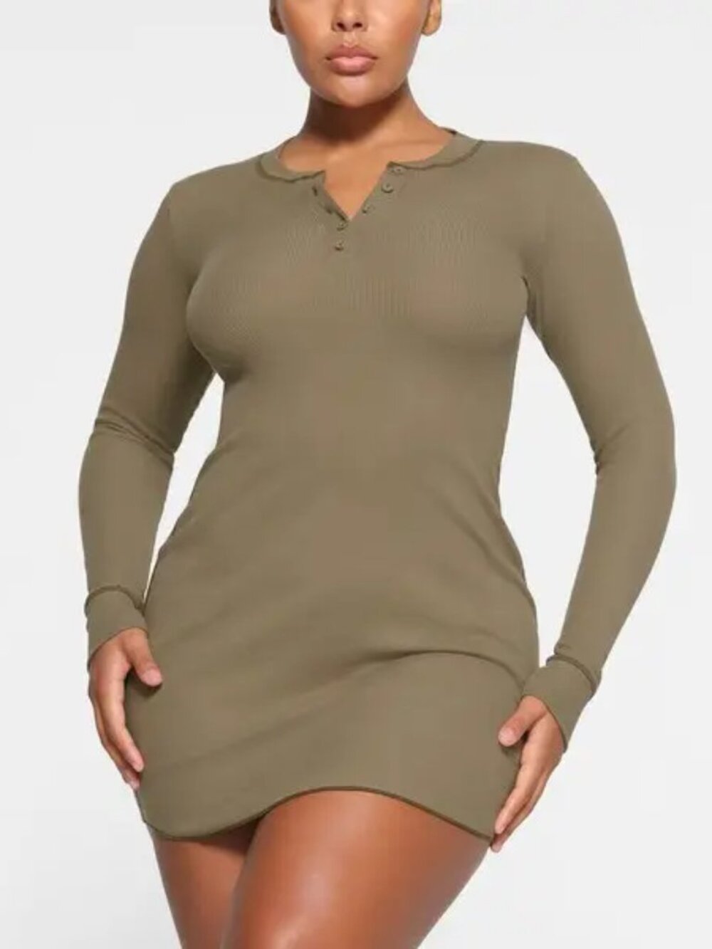 SKIMS Women's Army Green Cotton Rib Long-Sleeve Henley Bodycon Mini Dress Size M